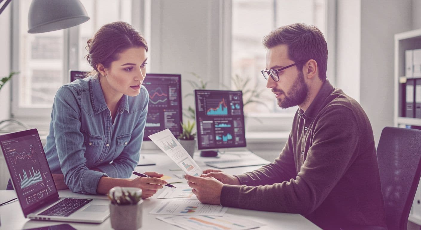 An executive looks at a laptop screen with graphs illustrating predictive forecasts for sales and market expansion.