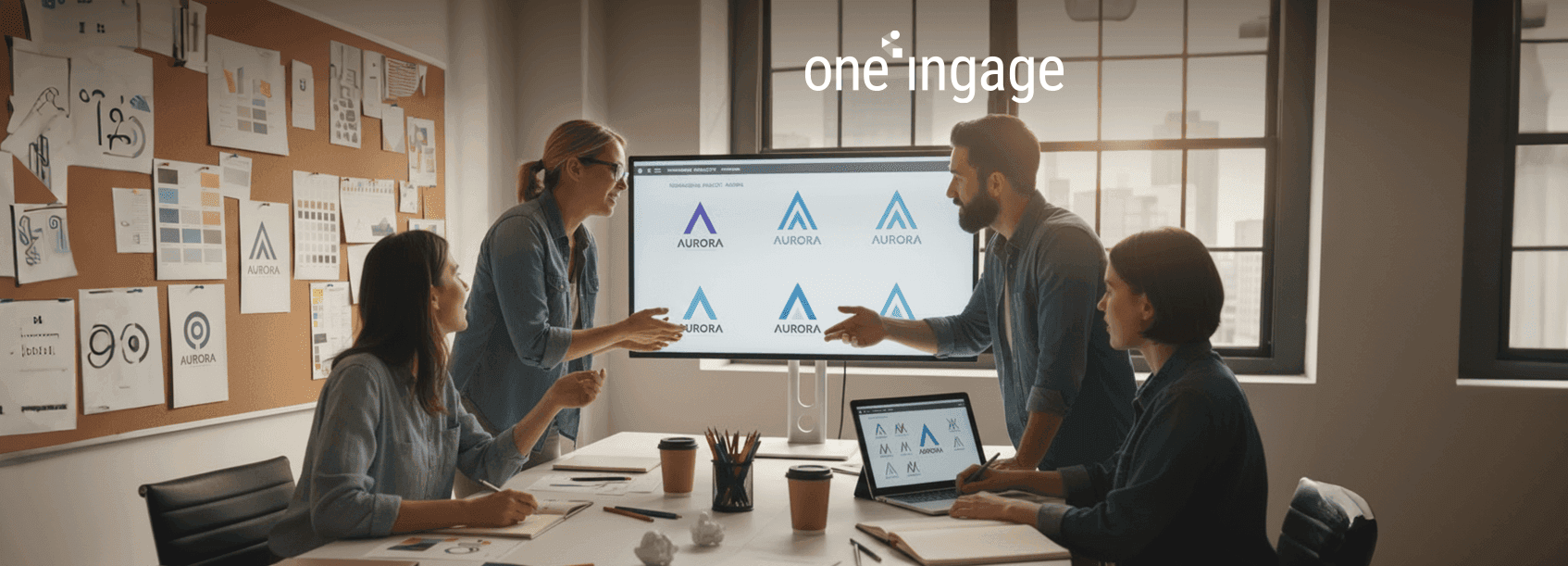 A business leader points at a slide showing the step-by-step rebranding process.