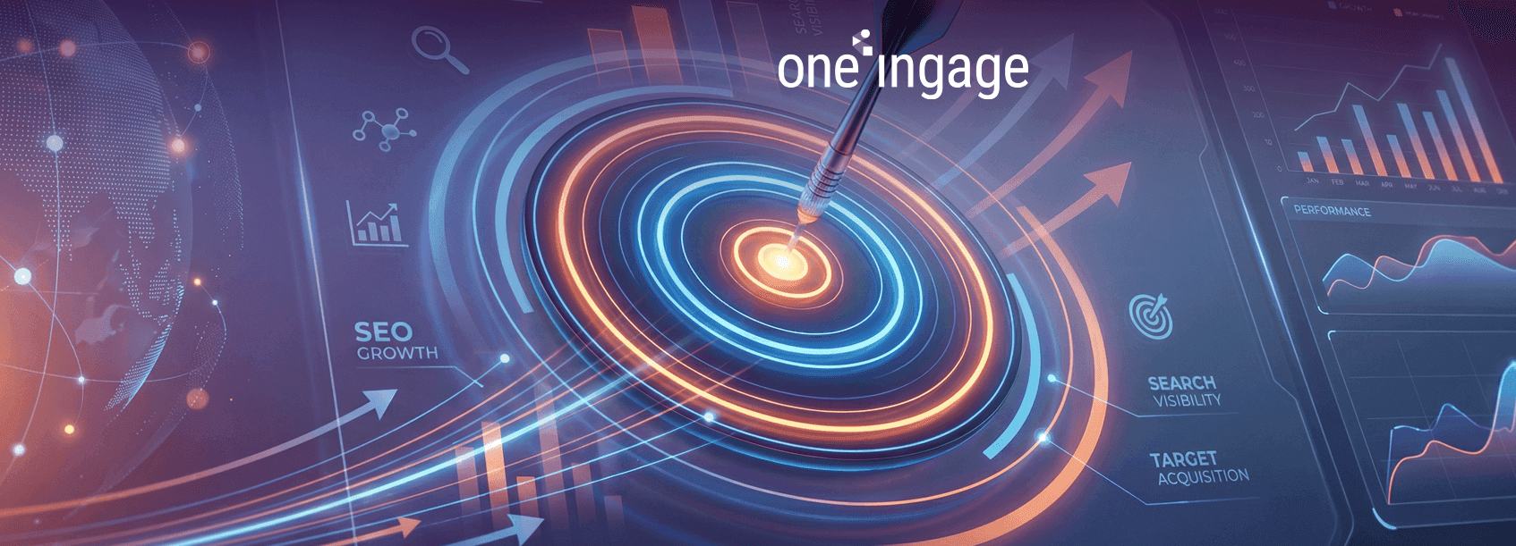 The graphic shows a funnel diagram connecting SEO traffic to leads, conversions, and revenue outcomes.